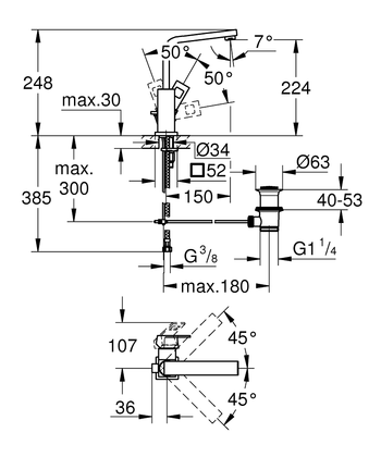 Grohe Eurocube - jednoručna mješalica za umivaonik, pokretni izljev, h=224mm-1